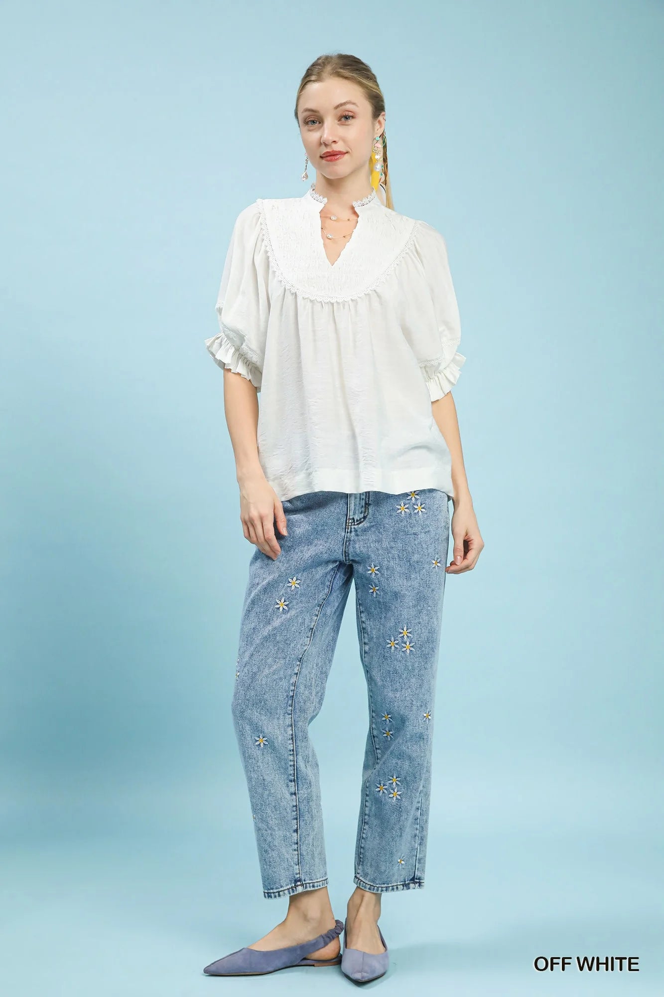 Umgee Smocked Yoke Blouse with Ruffle Sleeves in Off White