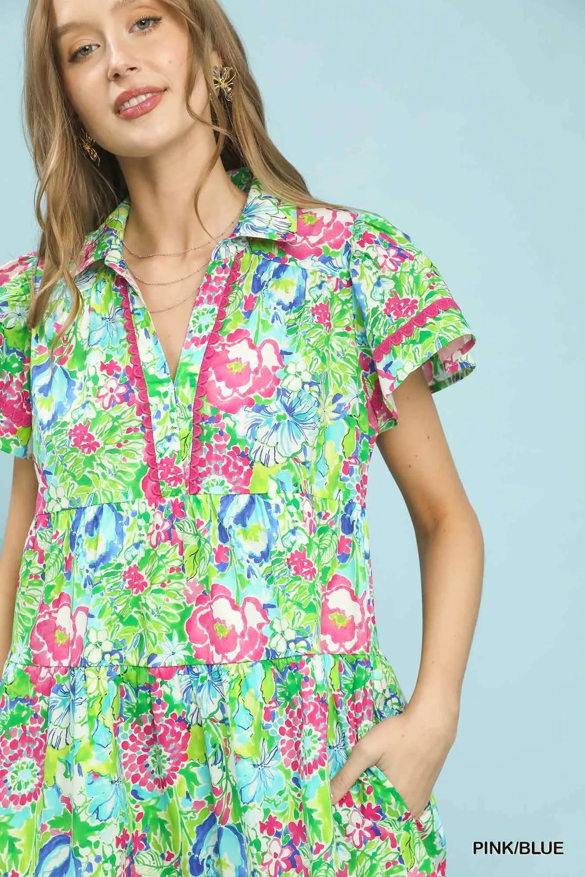 Umgee Bold Mixed Floral Tiered Midi Dress in Pink/Blue