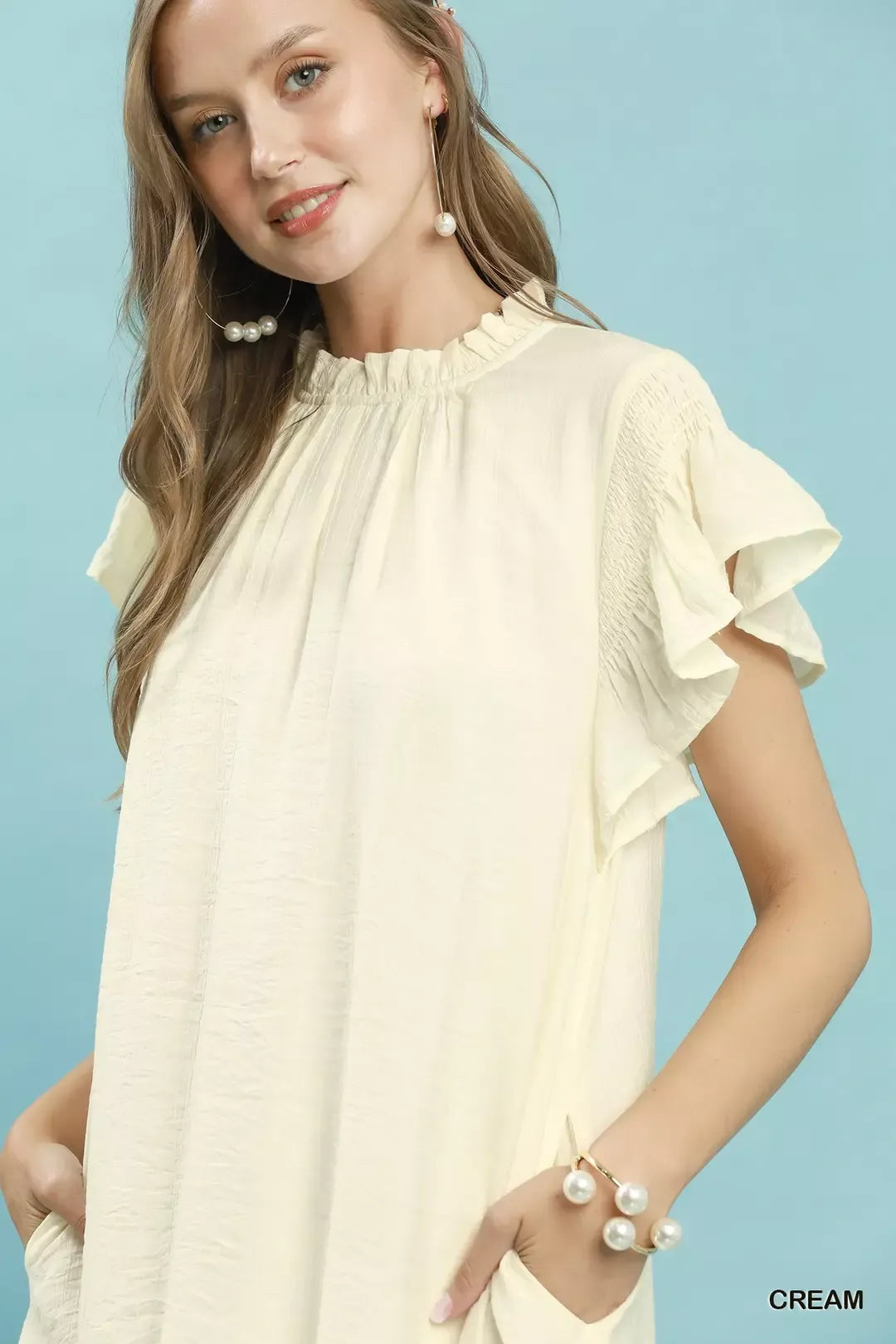Umgee Ruffle Flutter Sleeve Dress in Cream