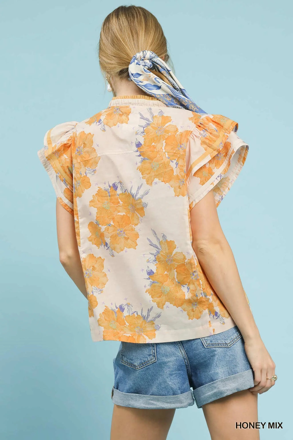 Umgee Mix Floral Ruffle Sleeve Blouse in Honey