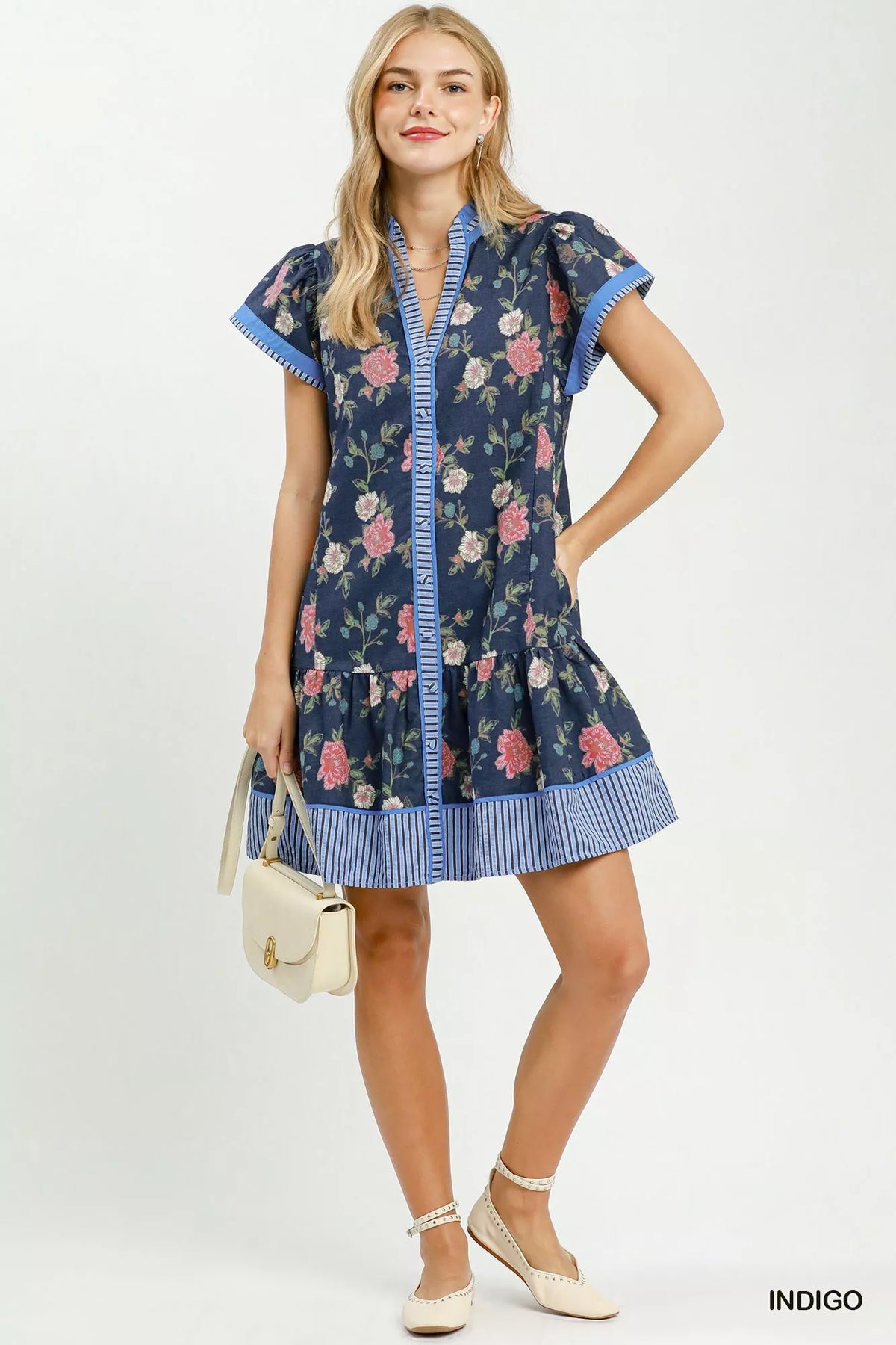 Umgee Floral Contrast Trim Ruffle Hem Mini Dress in Indigo