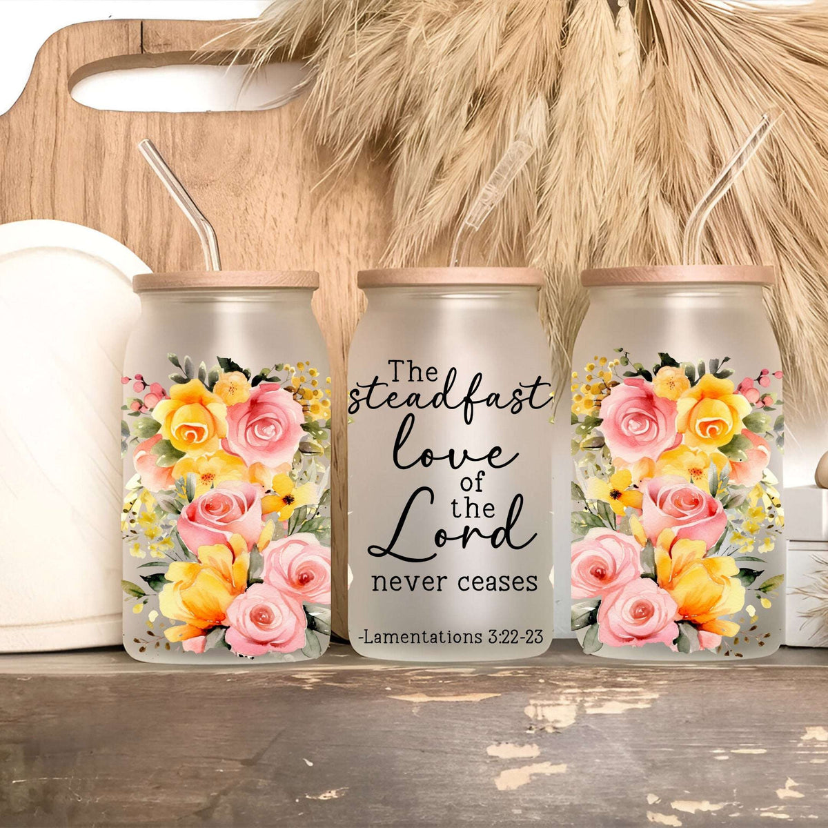 Floral Bible Verse Glass Cup with Lid and Straw