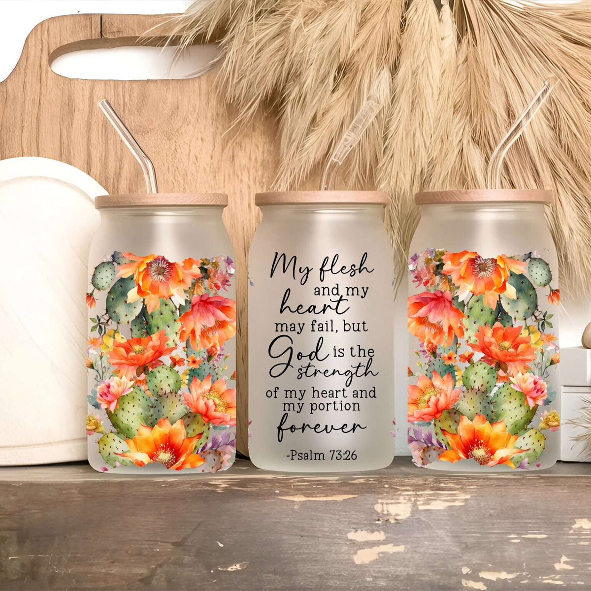 Floral Bible Verse Glass Cup with Lid and Straw