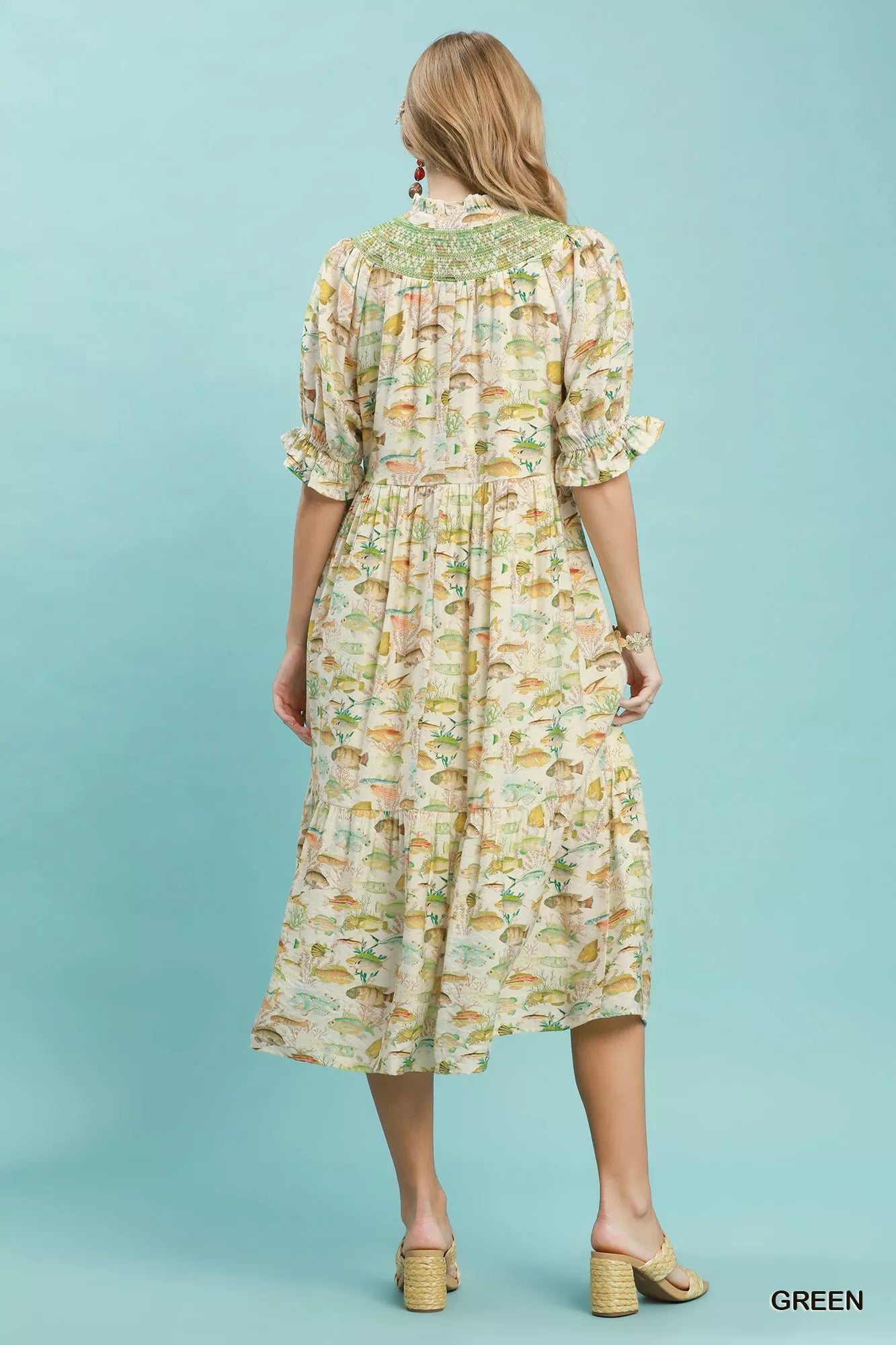 Umgee Print Tiered Midi Dress in Green