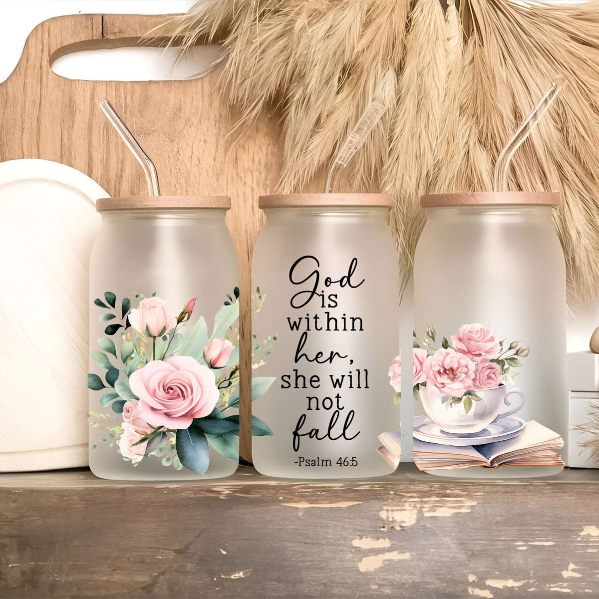 Floral Bible Verse Glass Cup with Lid and Straw