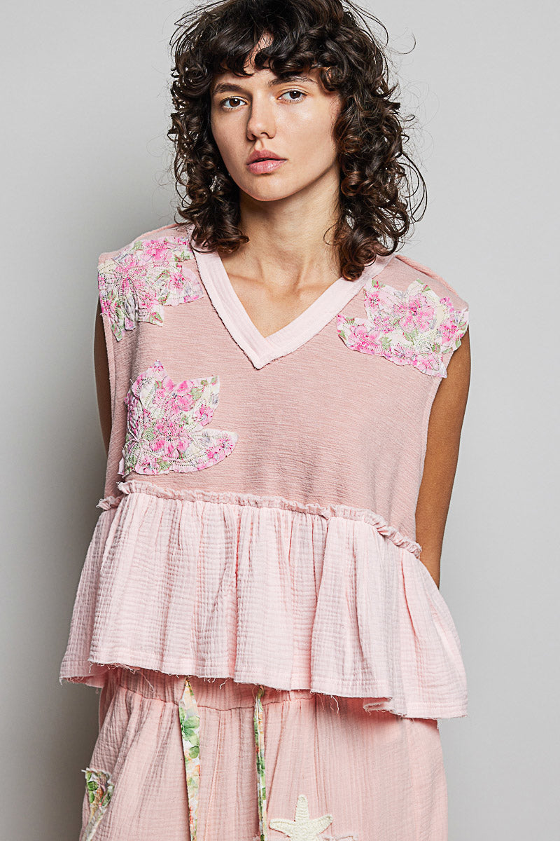 POL Floral Patch Ruffled Sleeveless Top with Raw Edge Detail in Pink