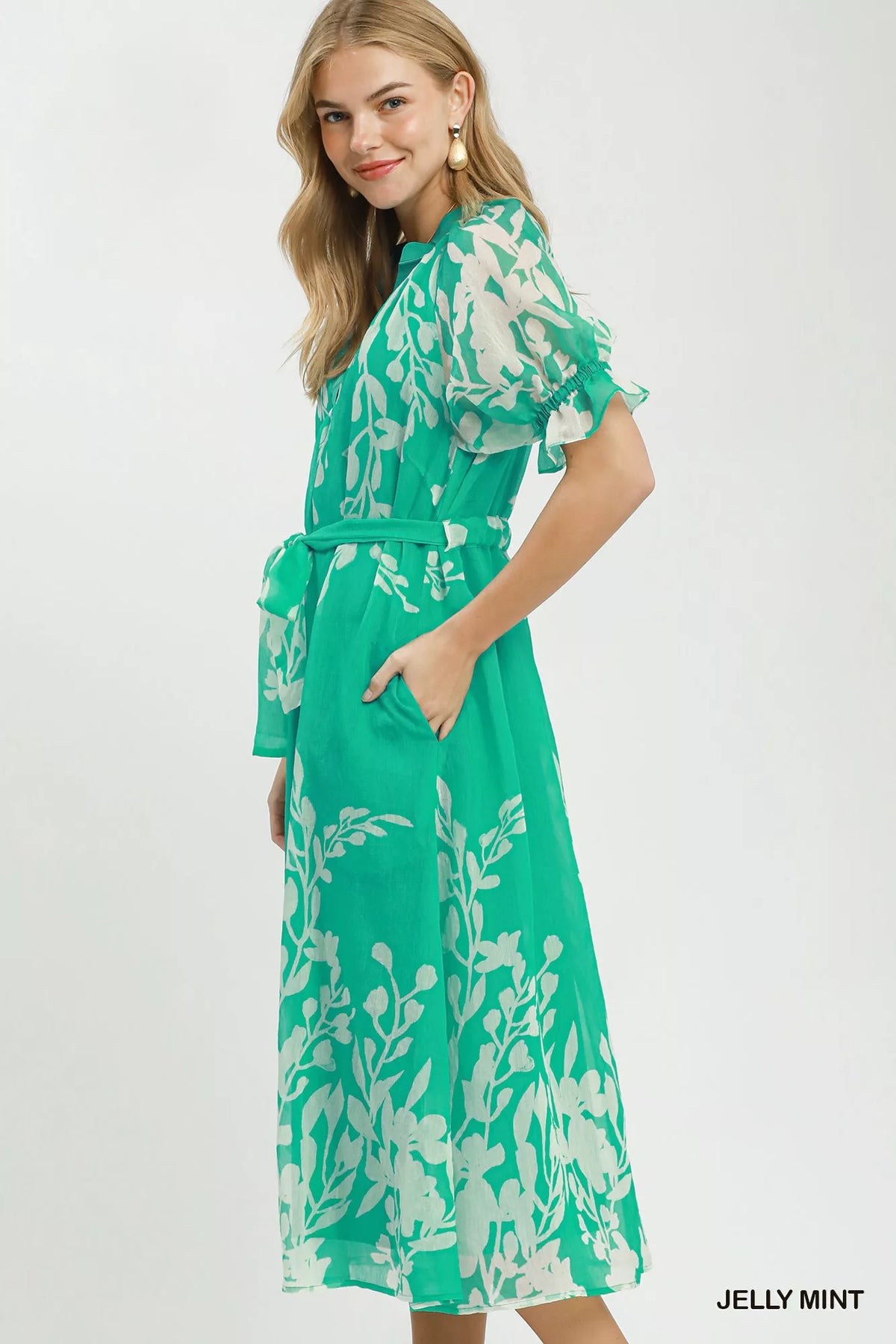 Umgee Floral Print Tie Waist Midi Dress with Side Pockets in Jelly Mint