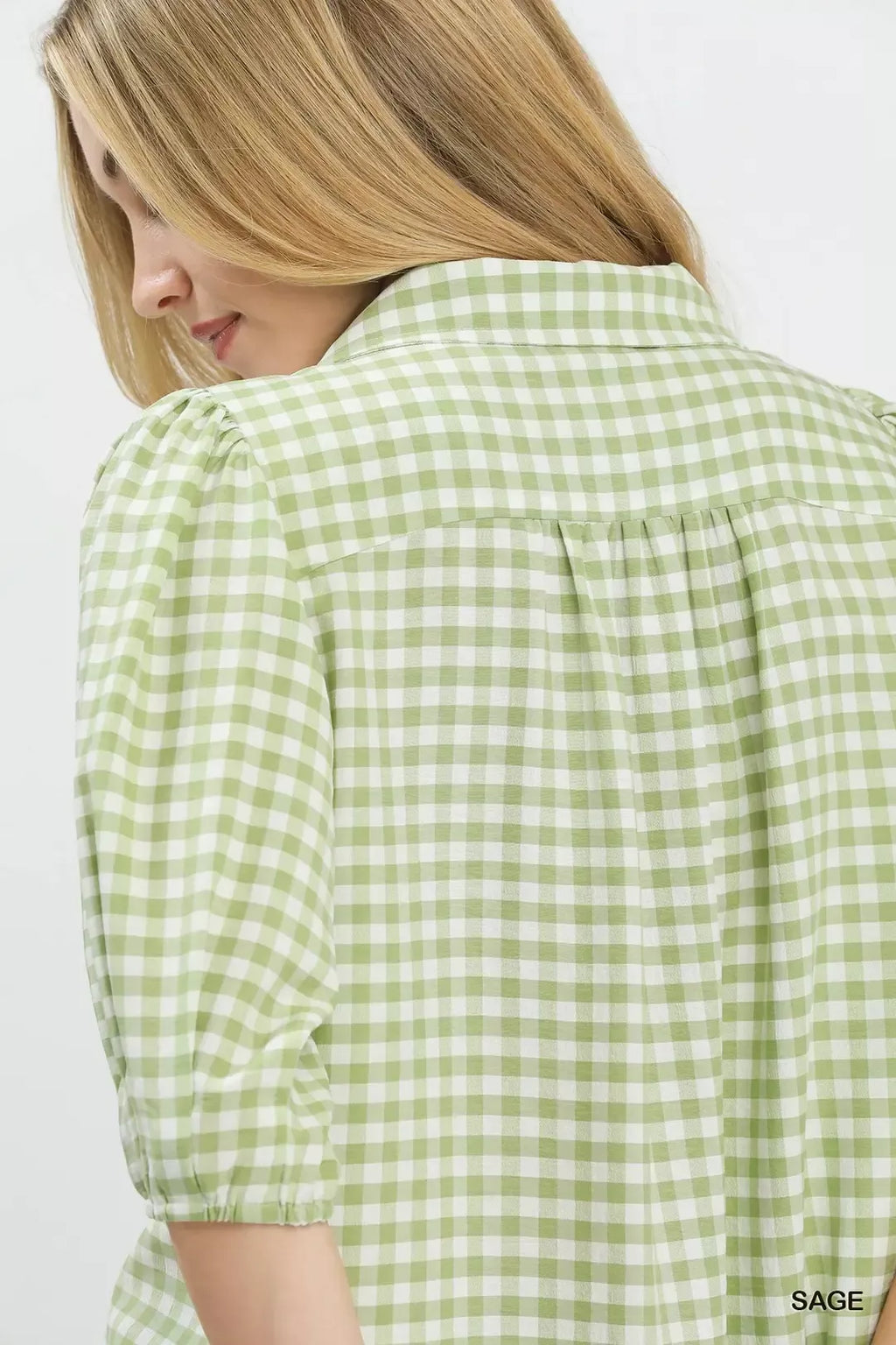 Umgee Gingham Puff Sleeve Collared Blouse in Sage