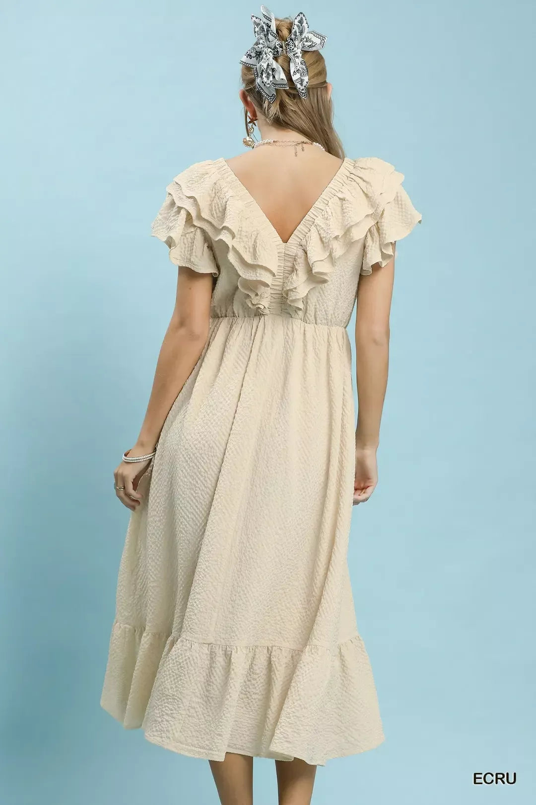 Umgee Textured Ruffle Midi Dress in Ecru