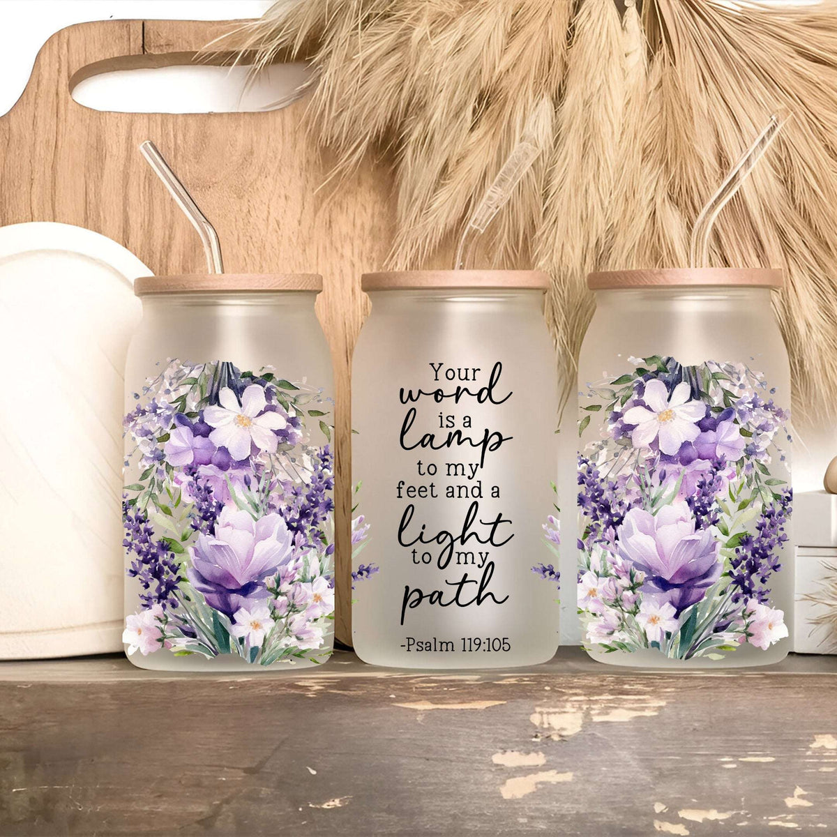 Floral Bible Verse Glass Cup with Lid and Straw