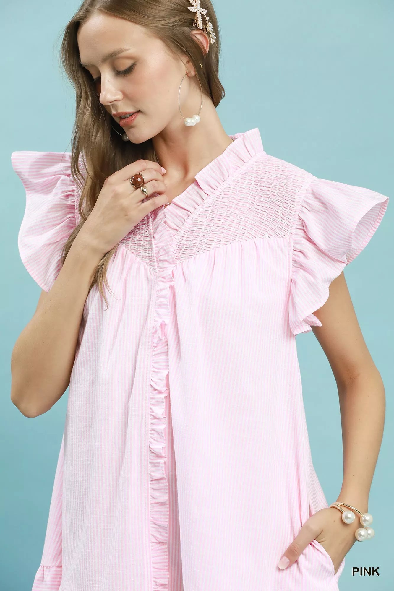 Umgee Stripe Smocked Yoke Ruffle Dress in Pink