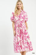 Umgee Abstract Print Smocked Tie Waist Midi Dress