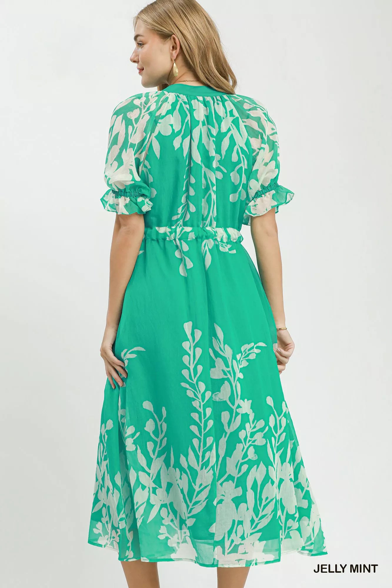 Umgee Floral Print Tie Waist Midi Dress with Side Pockets in Jelly Mint