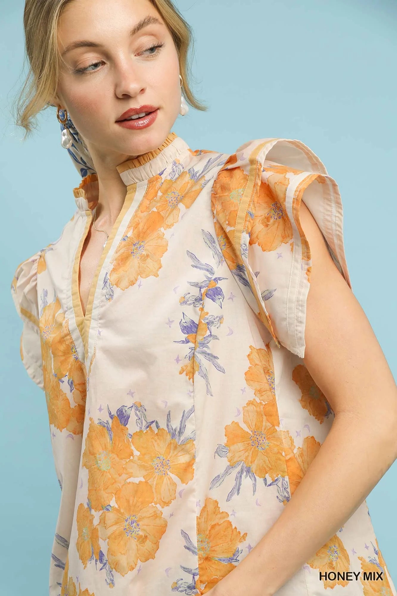 Umgee Mix Floral Ruffle Sleeve Blouse in Honey