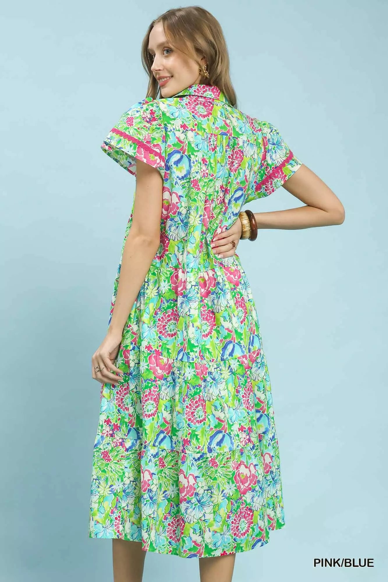 Umgee Bold Mixed Floral Tiered Midi Dress in Pink/Blue