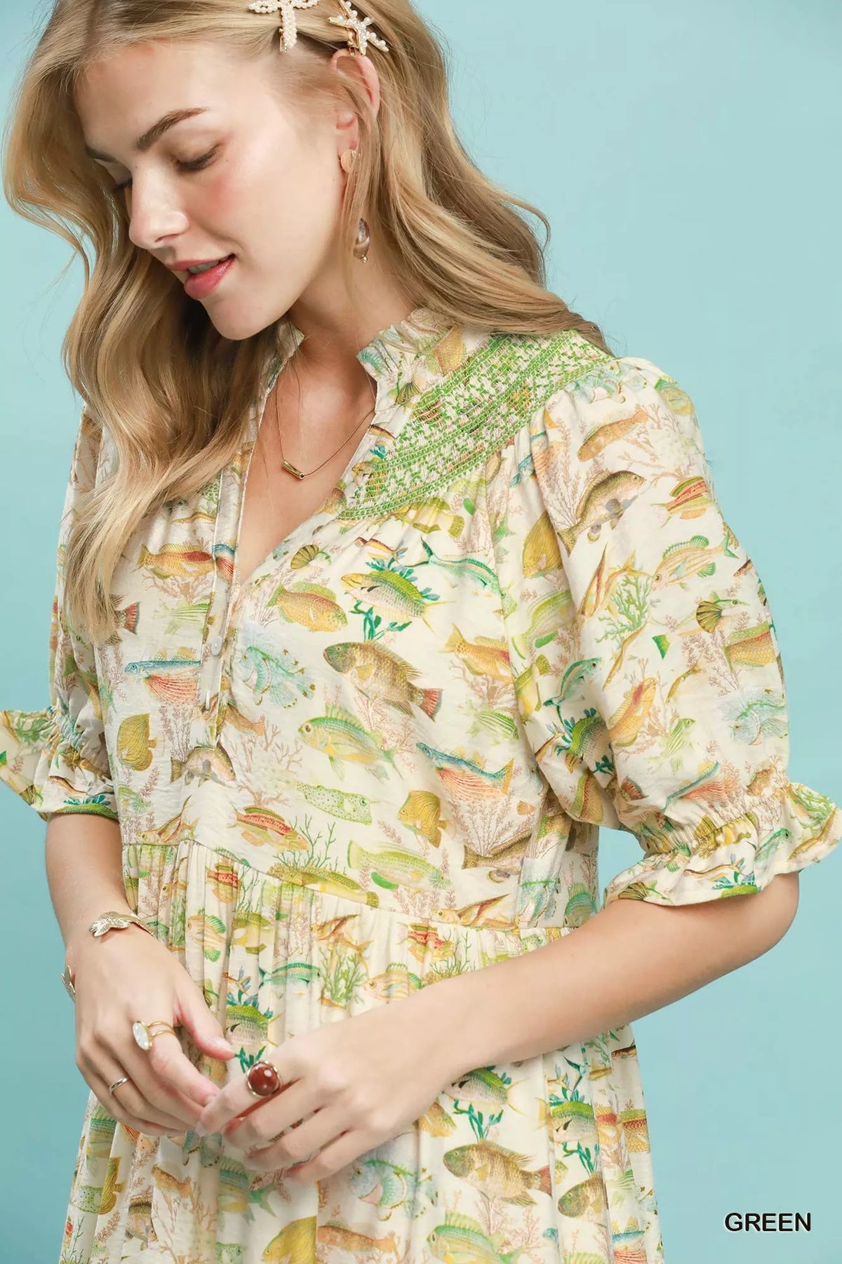 Umgee Print Tiered Midi Dress in Green