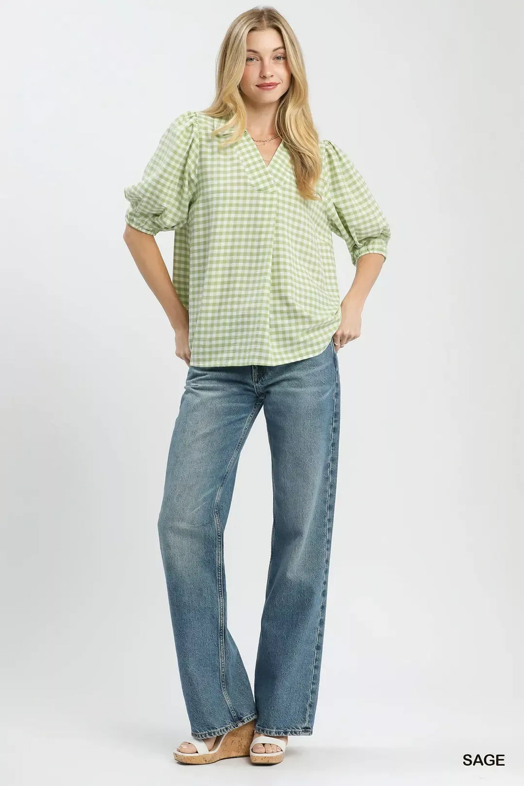 Umgee Gingham Puff Sleeve Collared Blouse in Sage