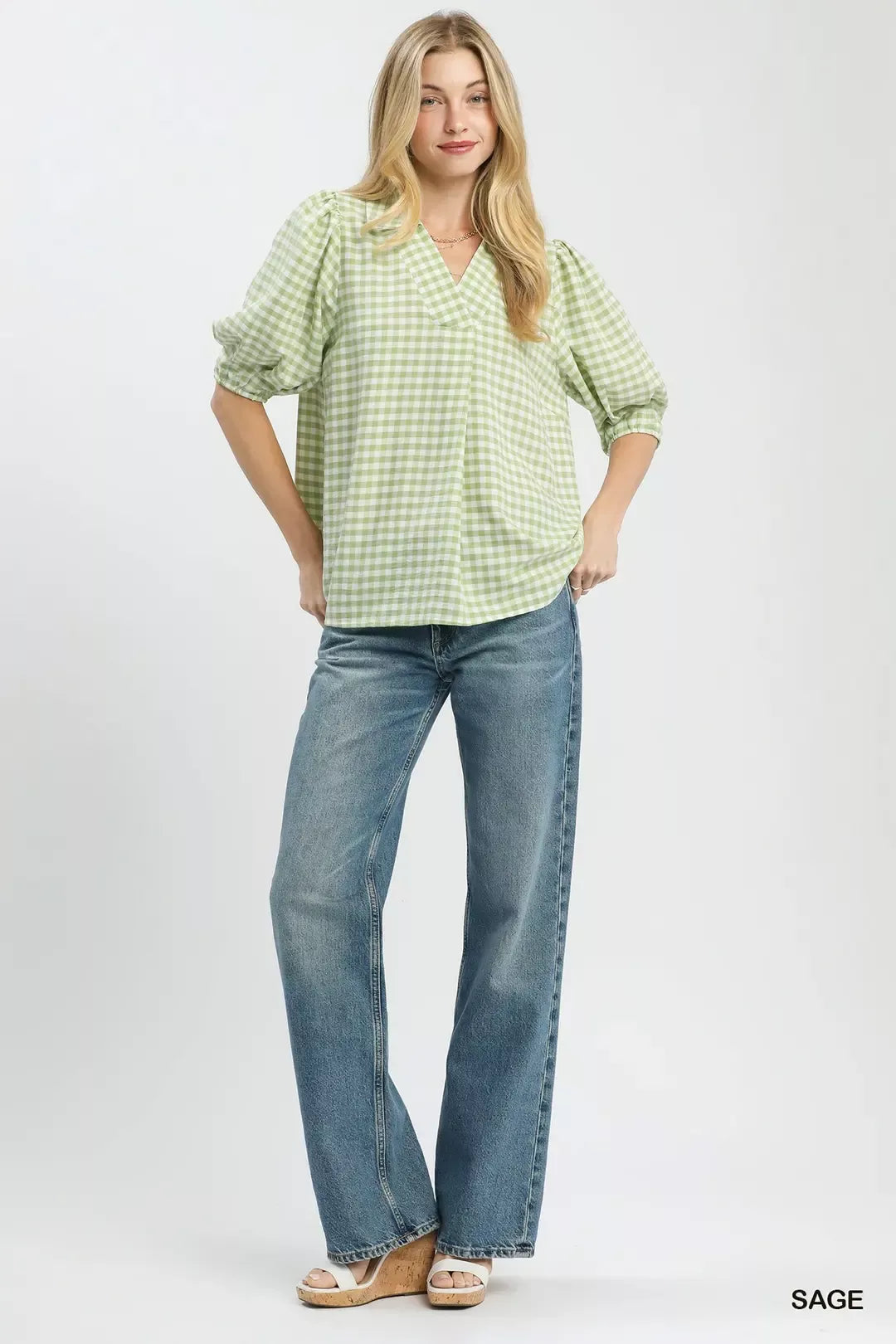 Umgee Gingham Puff Sleeve Collared Blouse in Sage