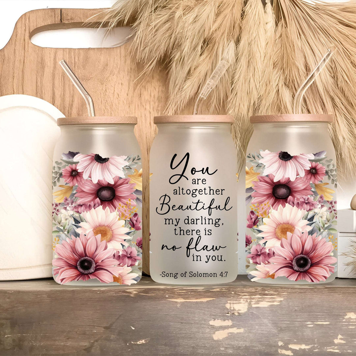 Floral Bible Verse Glass Cup with Lid and Straw