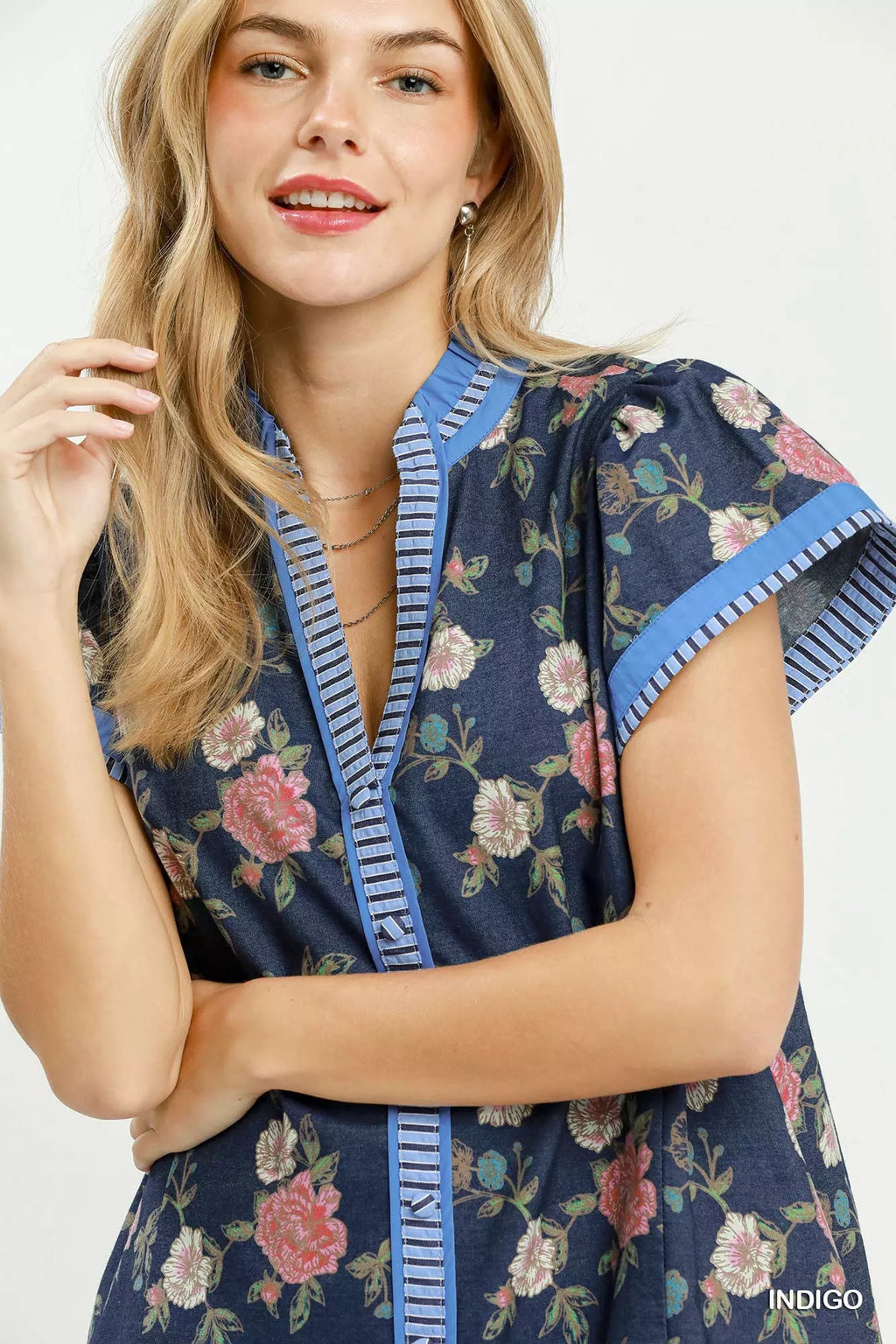 Umgee Floral Contrast Trim Ruffle Hem Mini Dress in Indigo
