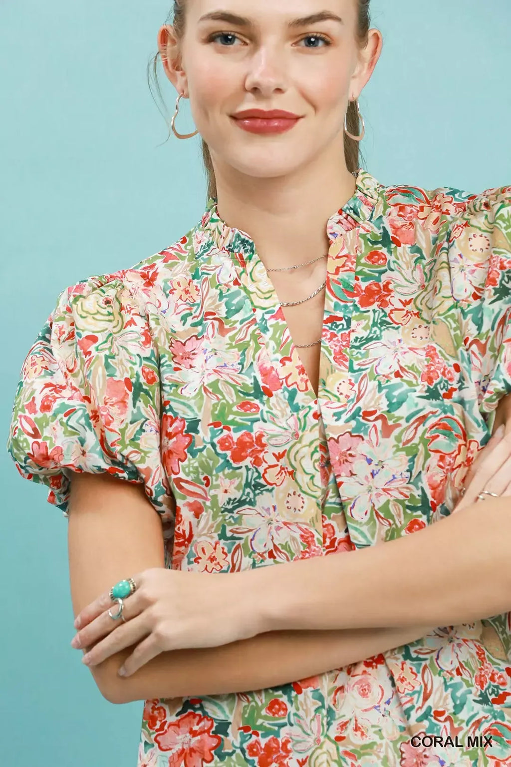 Umgee Floral Puff Sleeve Blouse in Coral