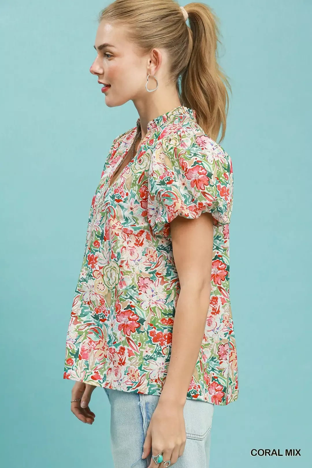Umgee Floral Puff Sleeve Blouse in Coral