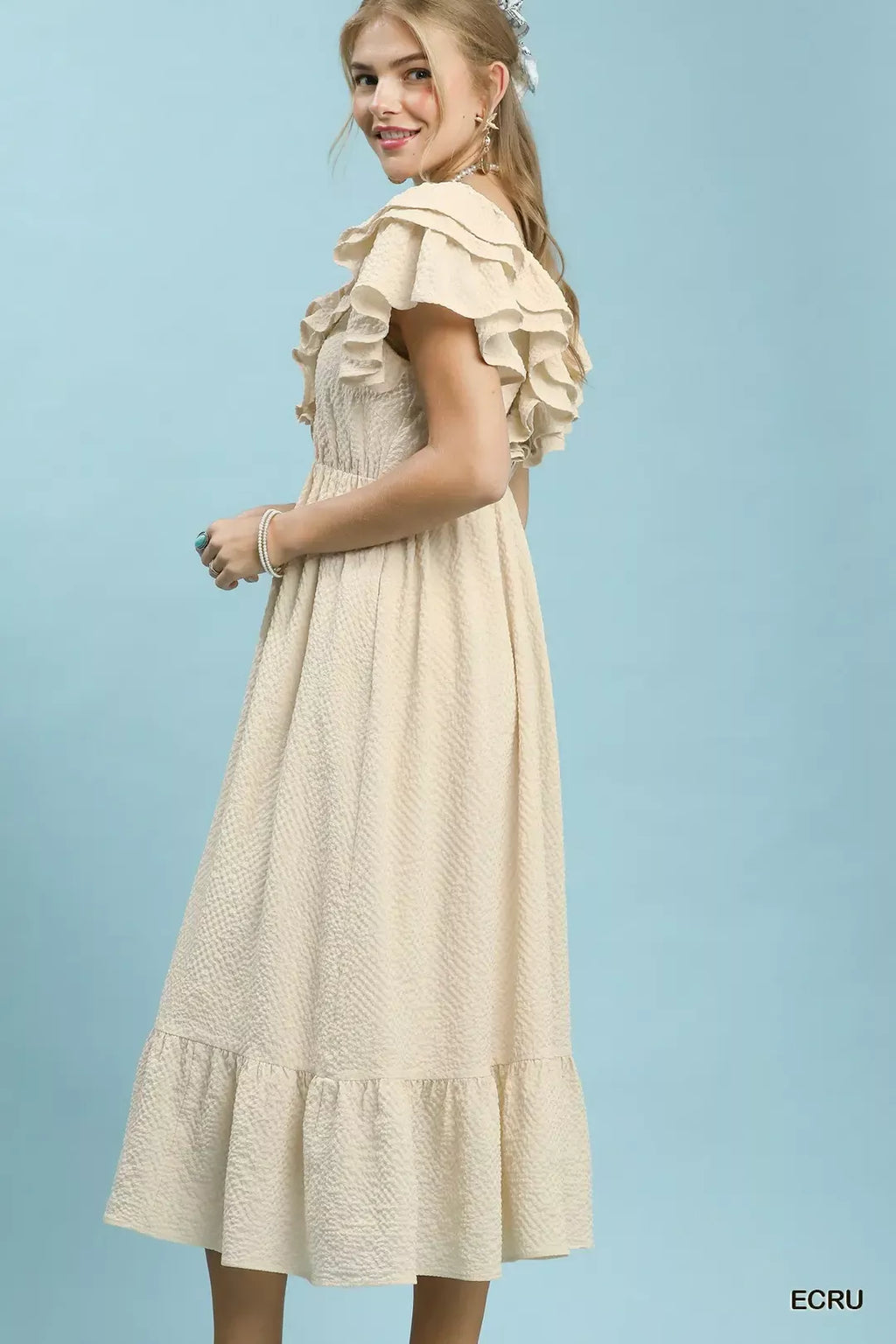 Umgee Textured Ruffle Midi Dress in Ecru