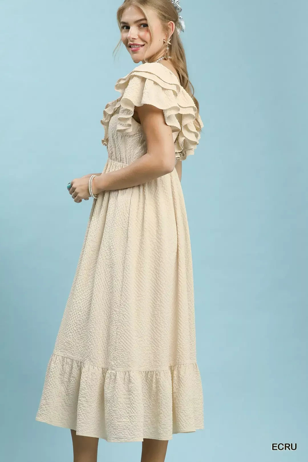 Umgee Textured Ruffle Midi Dress in Ecru