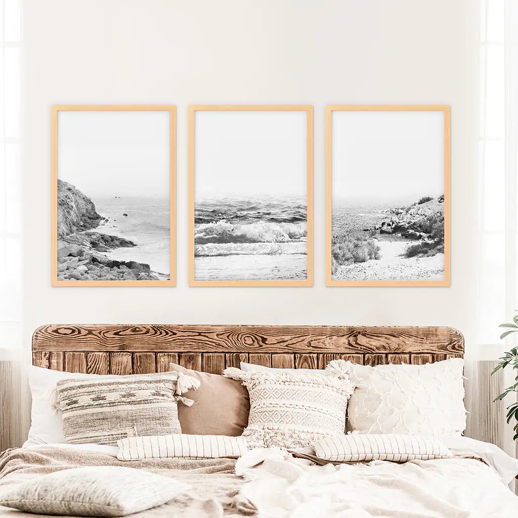 Coastal Black White Photography Set. Waves, Rocky Beach