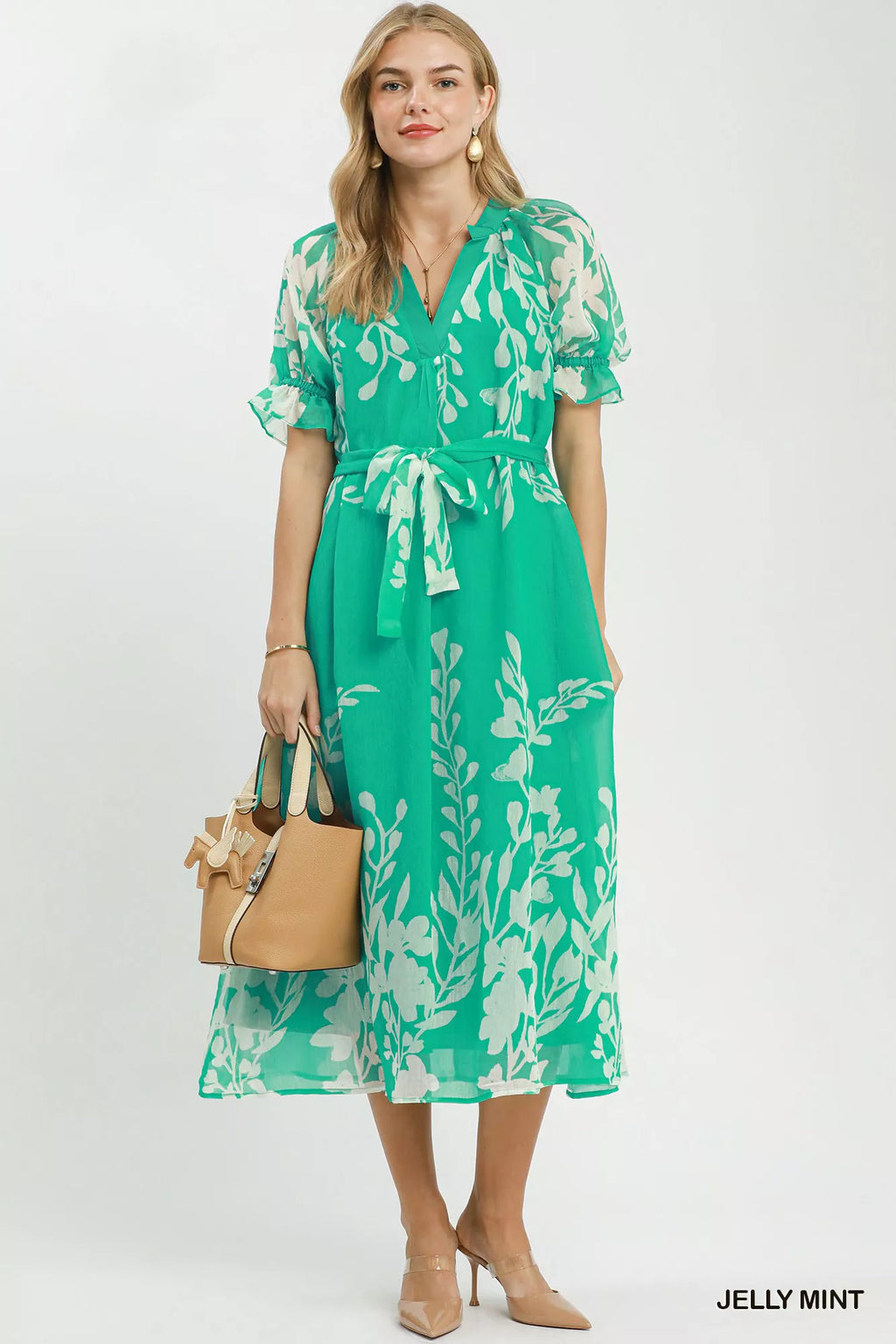 Umgee Floral Print Tie Waist Midi Dress with Side Pockets in Jelly Mint