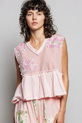 POL Floral Patch Ruffled Sleeveless Top with Raw Edge Detail in Pink