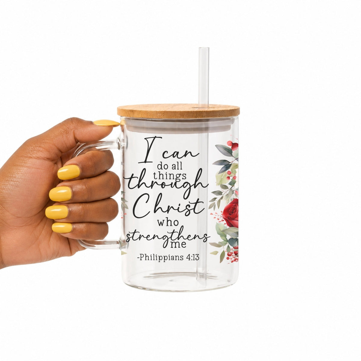 Floral Bible Verse Glass Cup with Lid and Straw