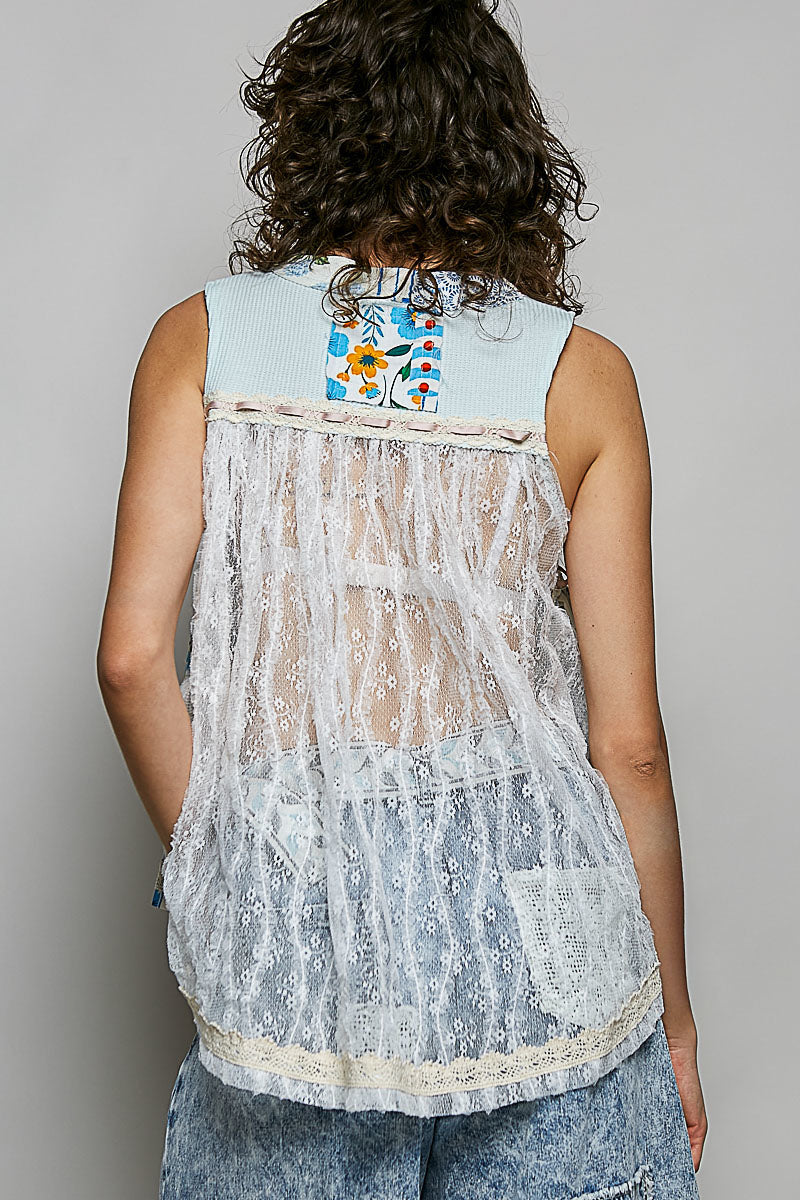 POL Floral V-Neck Sheer Tank with Lace Trim in Soda Candy
