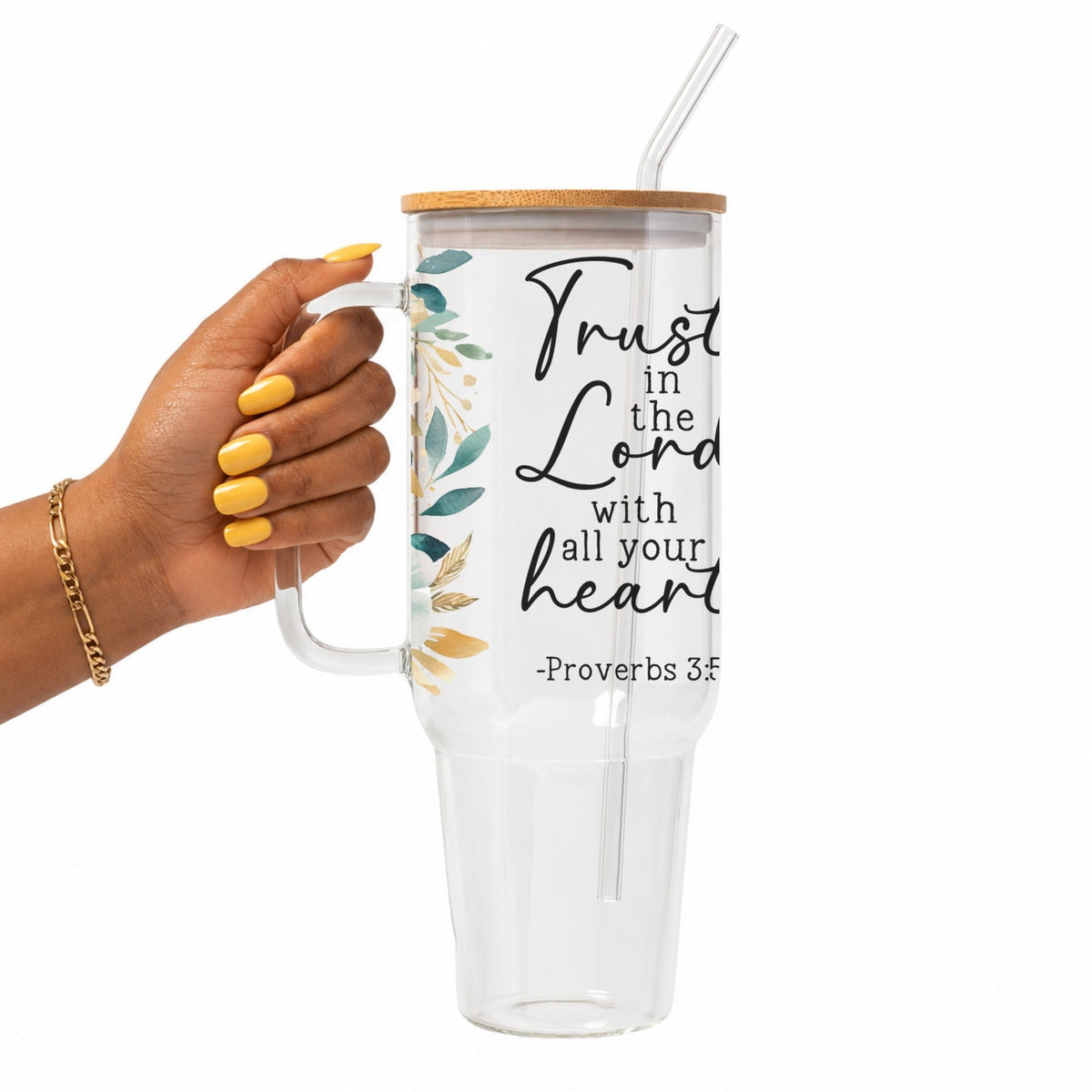 Floral Bible Verse Glass Cup with Lid and Straw