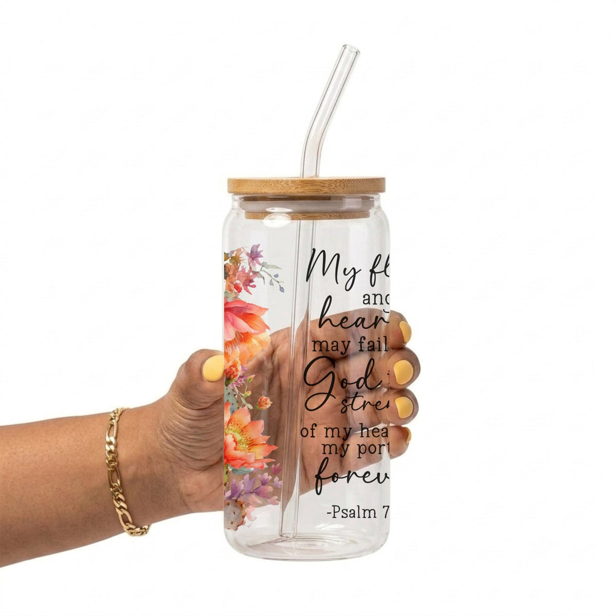 Floral Bible Verse Glass Cup with Lid and Straw