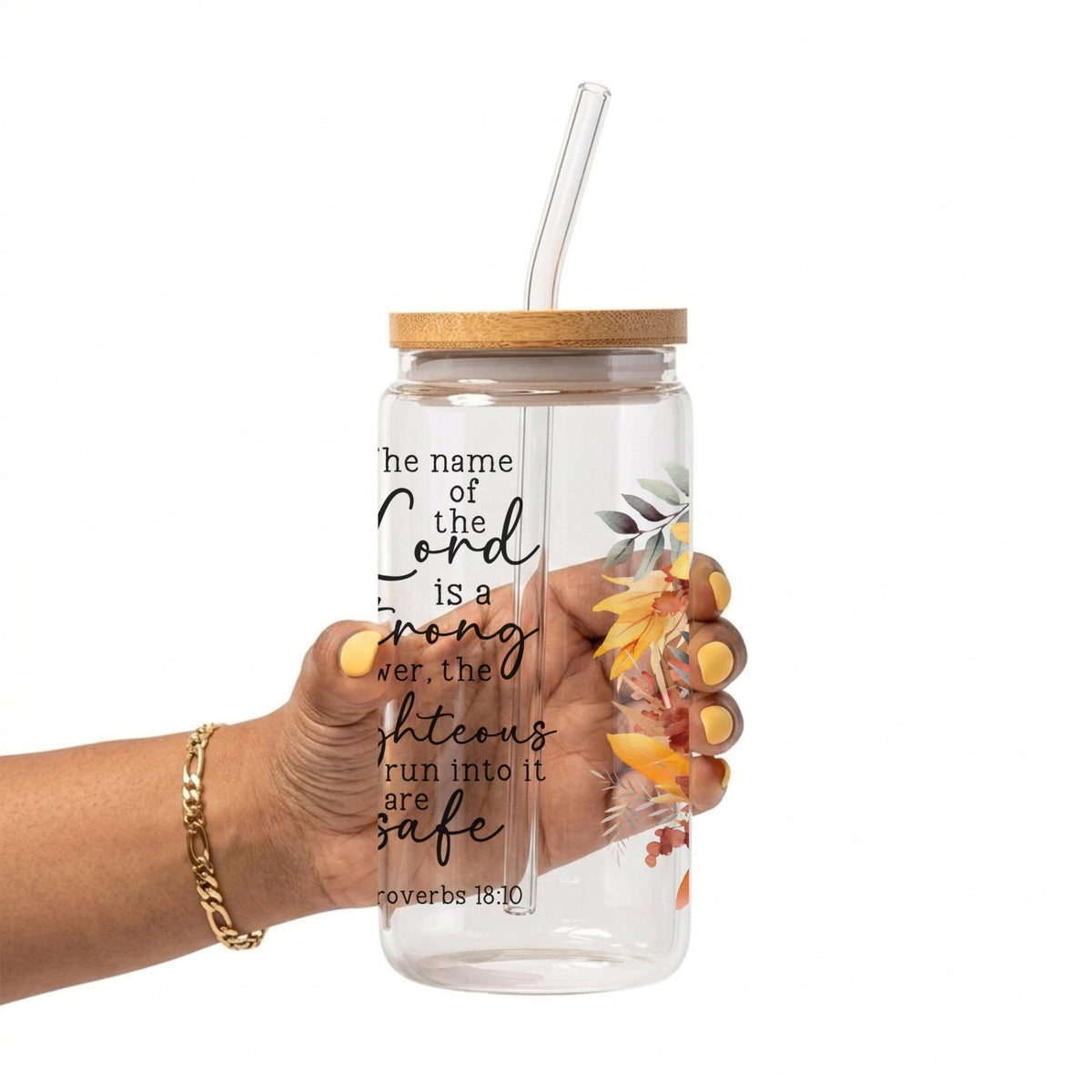 Floral Bible Verse Glass Cup with Lid and Straw