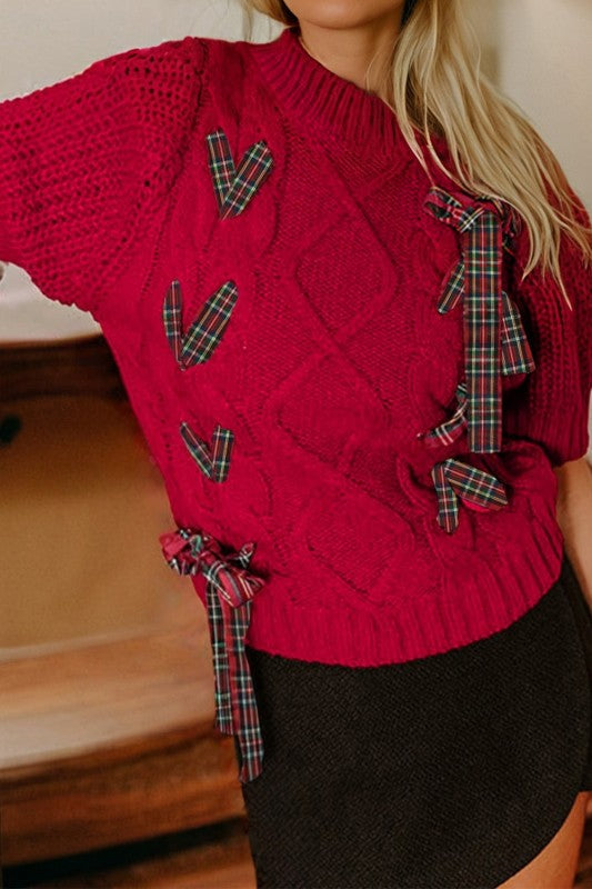 Red Plaid Lace-Up Puff Sleeve Sweater