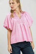 Umgee Smocked Yoke Puff Sleeve Gingham Blouse in Peony