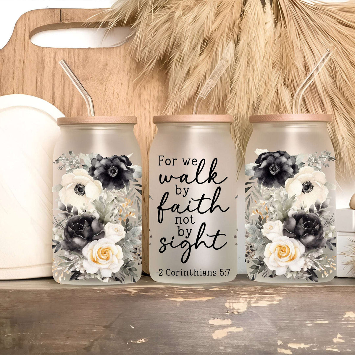 Floral Bible Verse Glass Cup with Lid and Straw