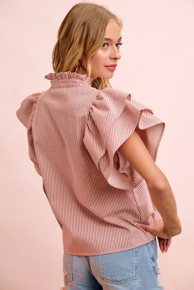 BiBi Twill Striped Ruffle Sleeve Blouse