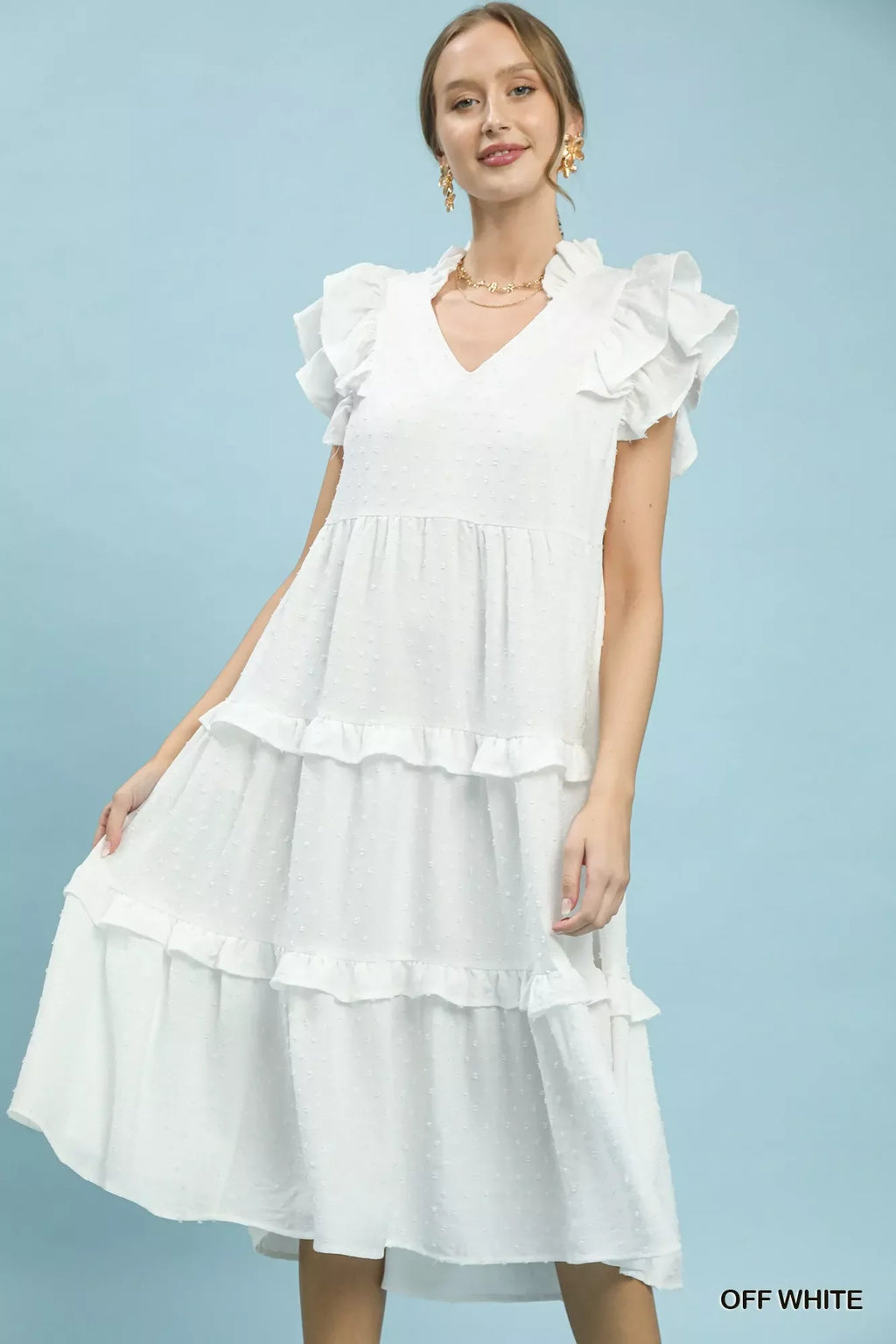 Umgee Textured Ruffle Sleeve Tiered Midi Dress in Off White