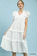 Umgee Textured Ruffle Sleeve Tiered Midi Dress in Off White