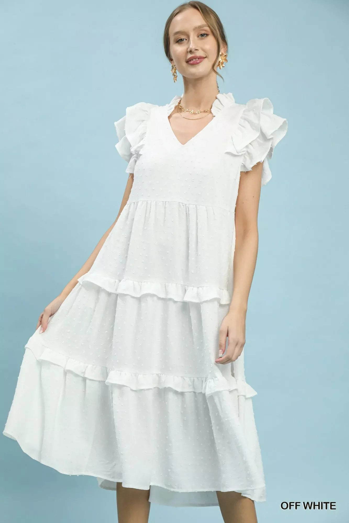 Umgee Textured Ruffle Sleeve Tiered Midi Dress in Off White