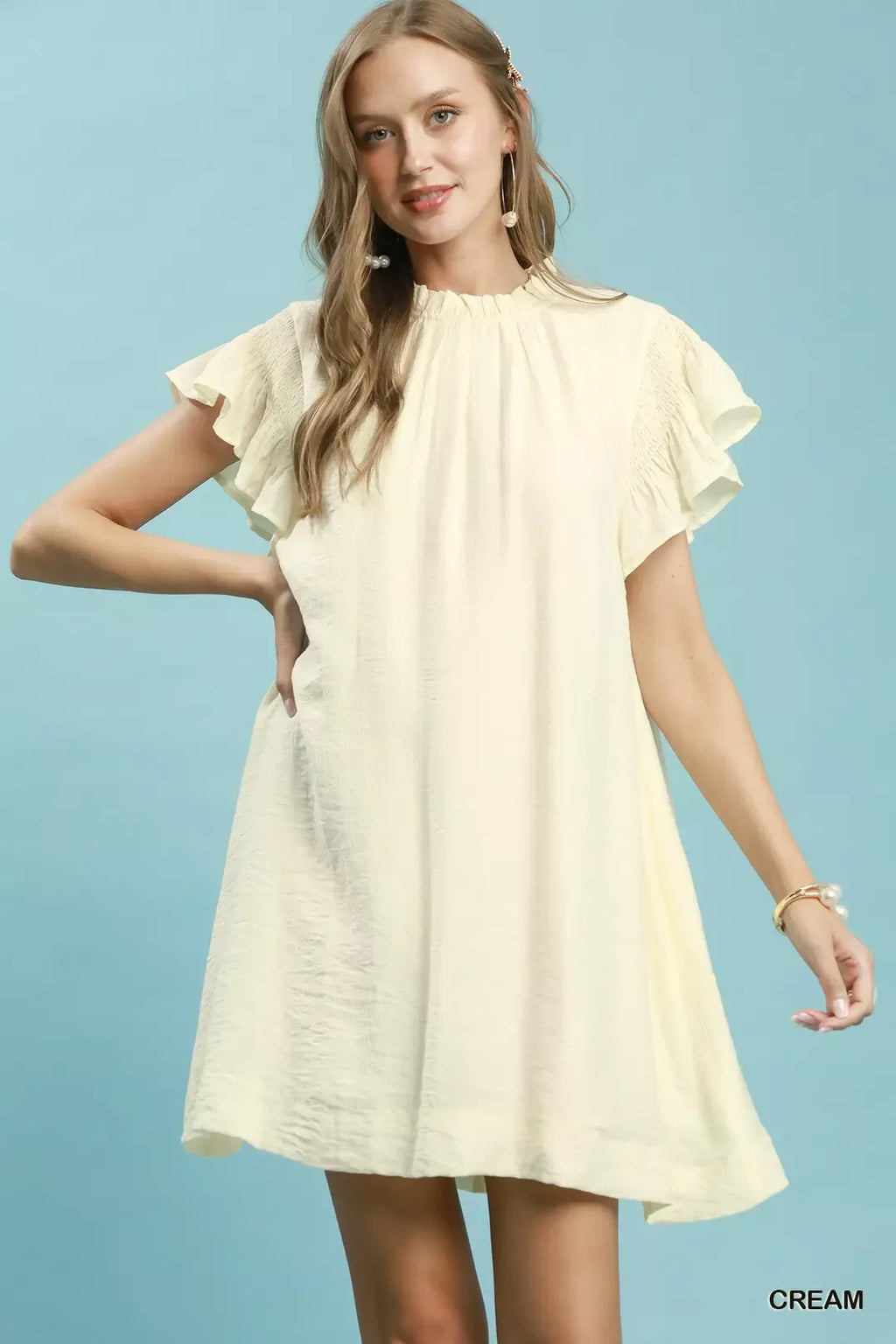 Umgee Ruffle Flutter Sleeve Dress in Cream