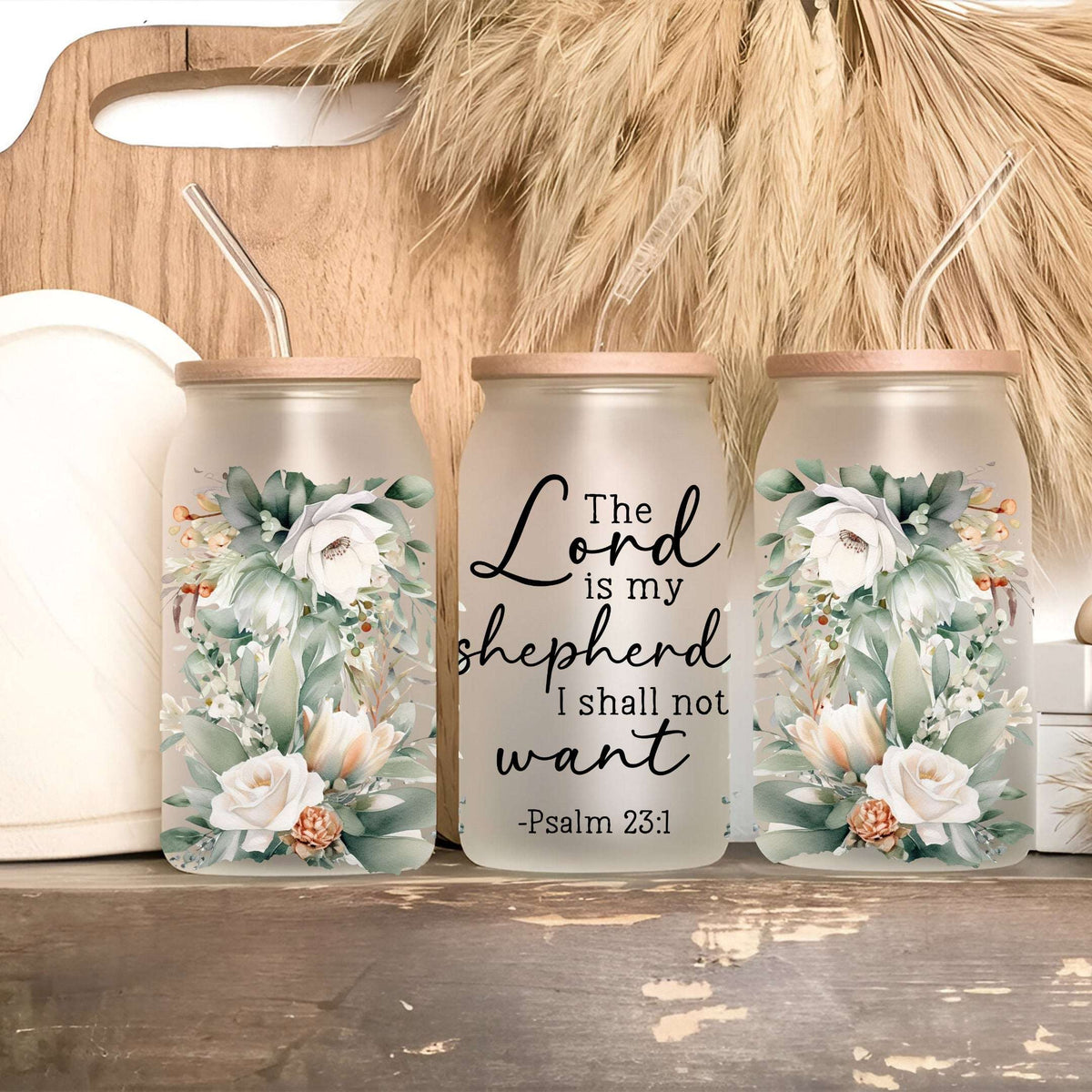 Floral Bible Verse Glass Cup with Lid and Straw