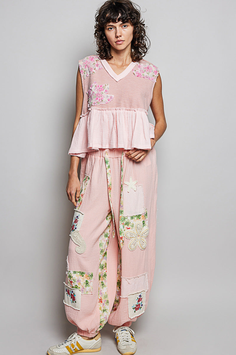 POL Floral Patch Ruffled Sleeveless Top with Raw Edge Detail in Pink