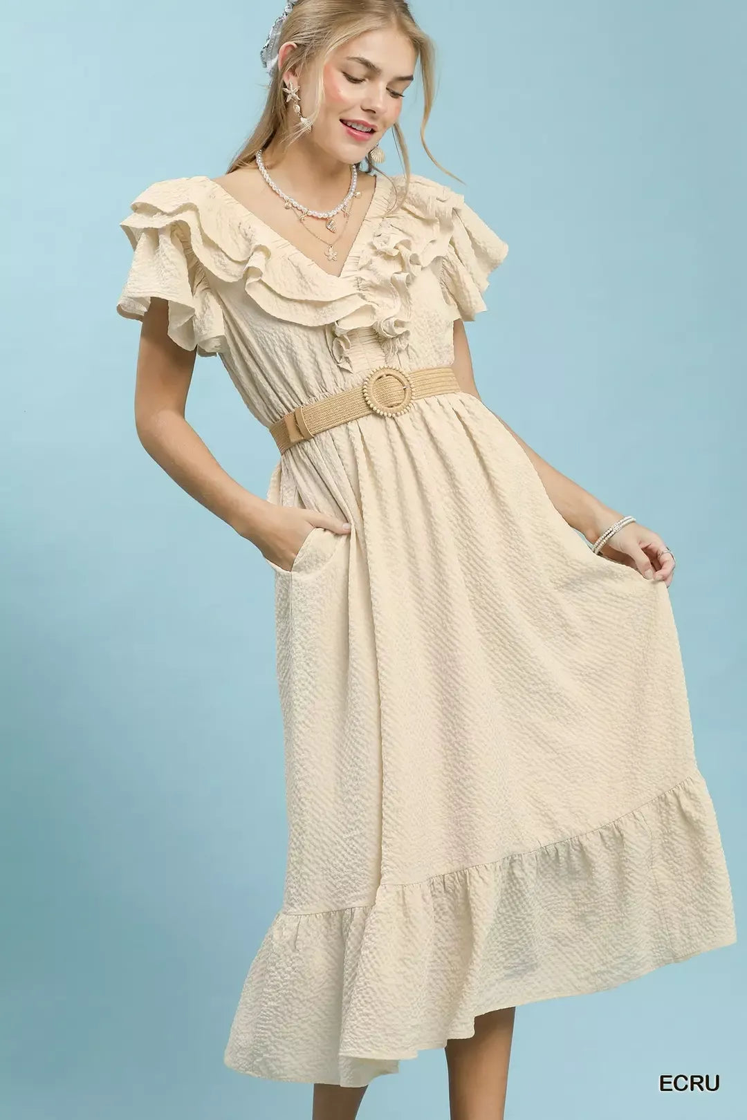 Umgee Textured Ruffle Midi Dress in Ecru