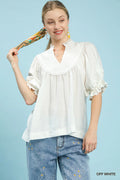 Umgee Smocked Yoke Blouse with Ruffle Sleeves in Off White