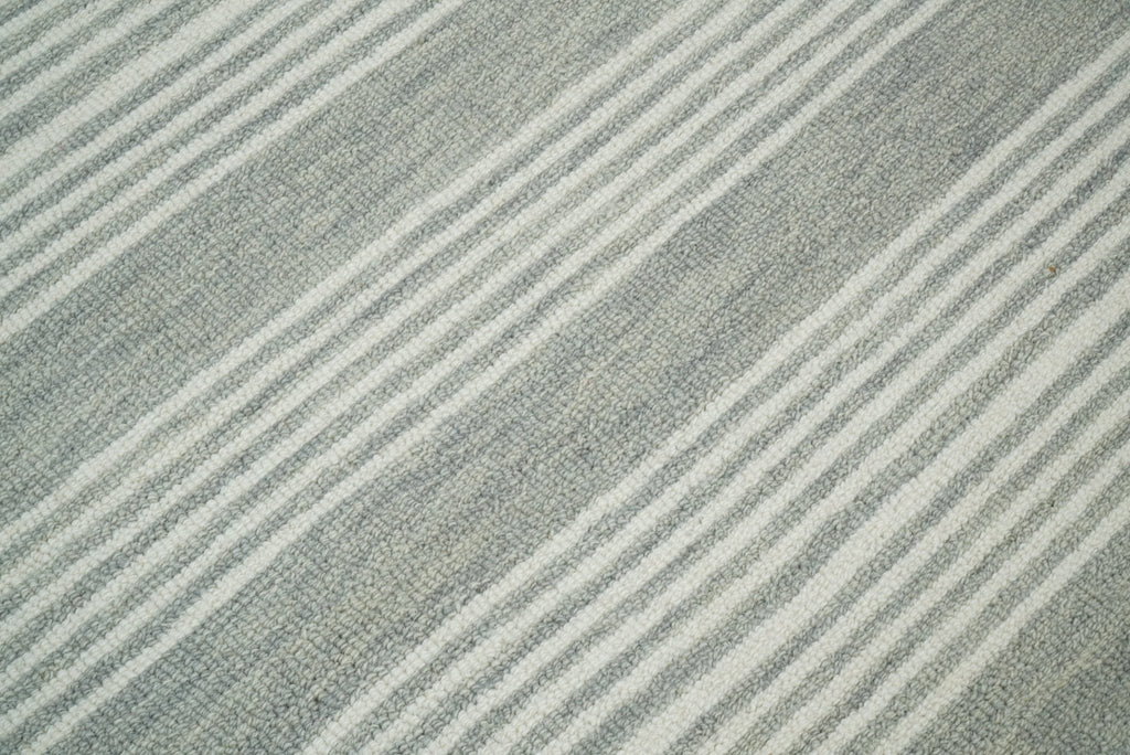 Modern Stripes Pattern Grey and Ivory Hand Tufted Wool Area Rug