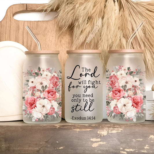 Floral Bible Verse Glass Cup with Lid and Straw